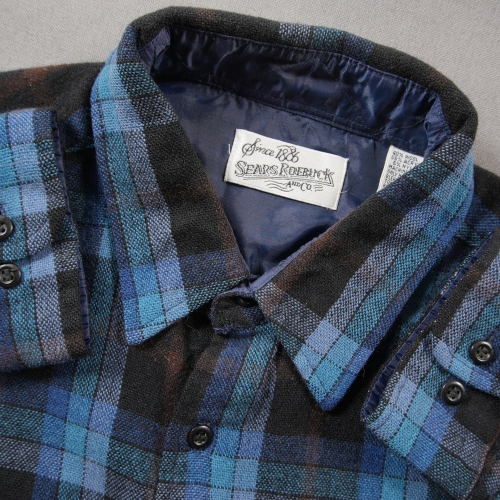 Vintage 70s Sears Roebuck Plaid Wool Blend Heavyweight Men Shirt L Western Cabin